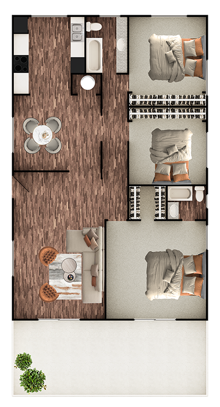 Floor plan for 3 beds, 2 baths, 1100 sqft